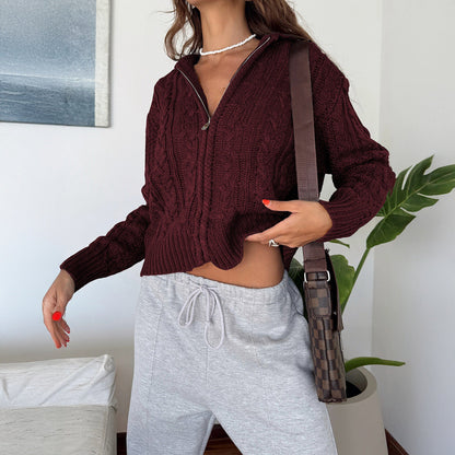 Solid Color Slouchy Zipper Cable Knit Cardigan