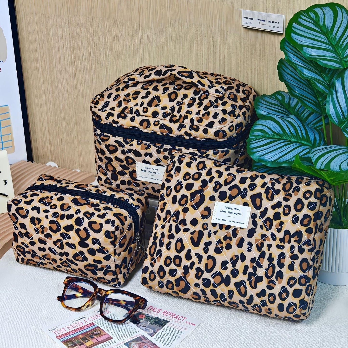 Large Capacity Leopard Print Quilted Makeup Bag