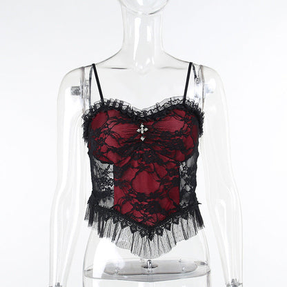 Dark Gothic Lace Cami Top with Cross Design