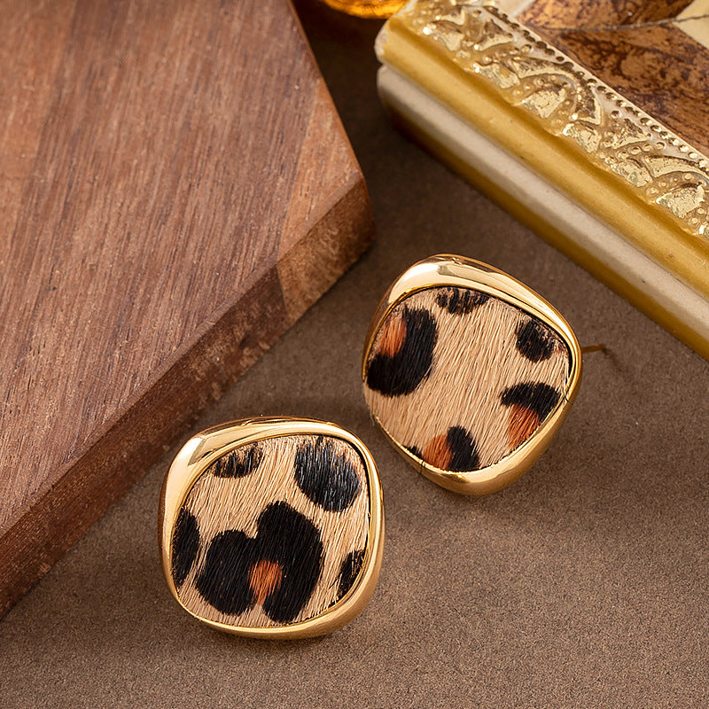 18K Gold Plated Natural Horsehair Leopard Print Geometric Stud Earrings