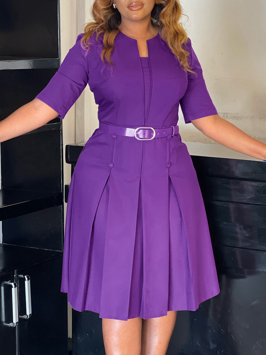 Elegant A-Line Dress With Belt For Women