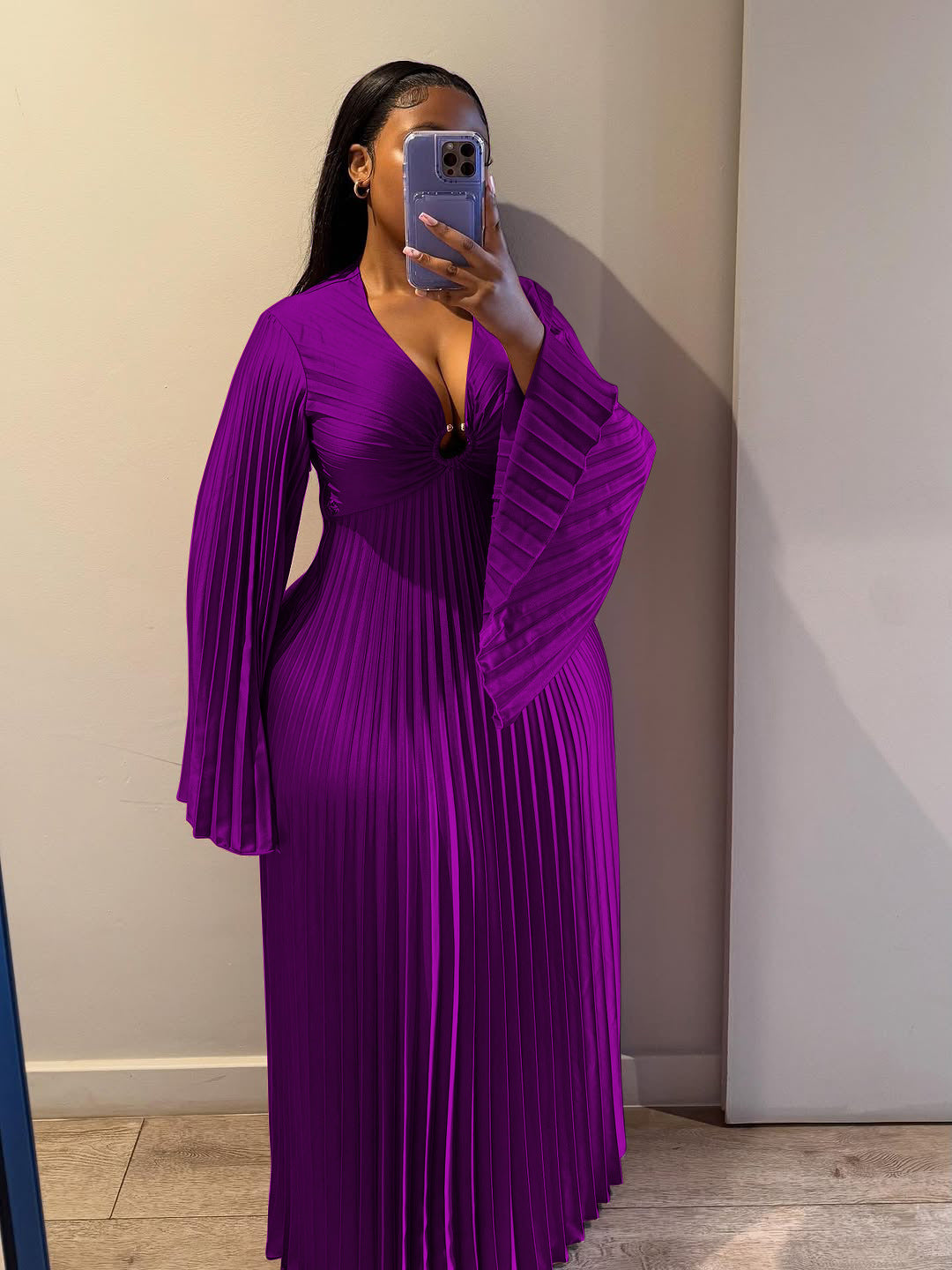 Elegant Solid V-Neck Long Sleeve Dress For Women