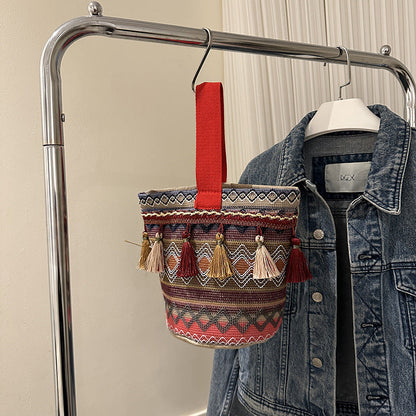Vintage Ethnic Style Women's Bucket Bag with Embroidery and Tassels