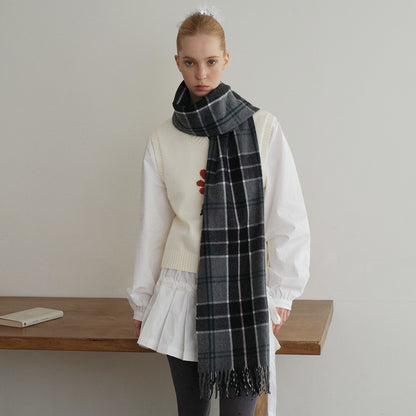 Classic Gray Plaid Scarf Unisex Warm Wool Blend Winter Accessory