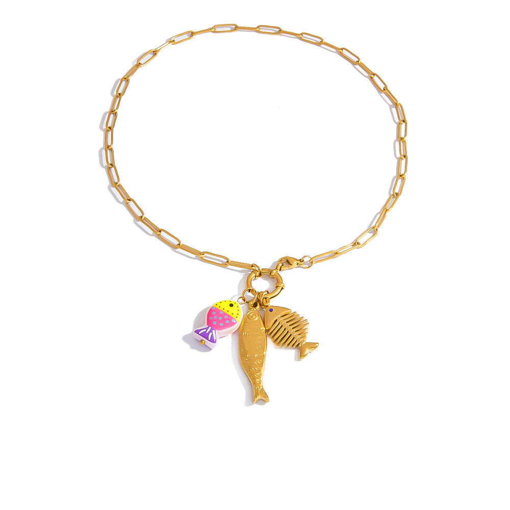 Stylish Fish Pendant Stainless Steel Necklace with 18K Gold Plating