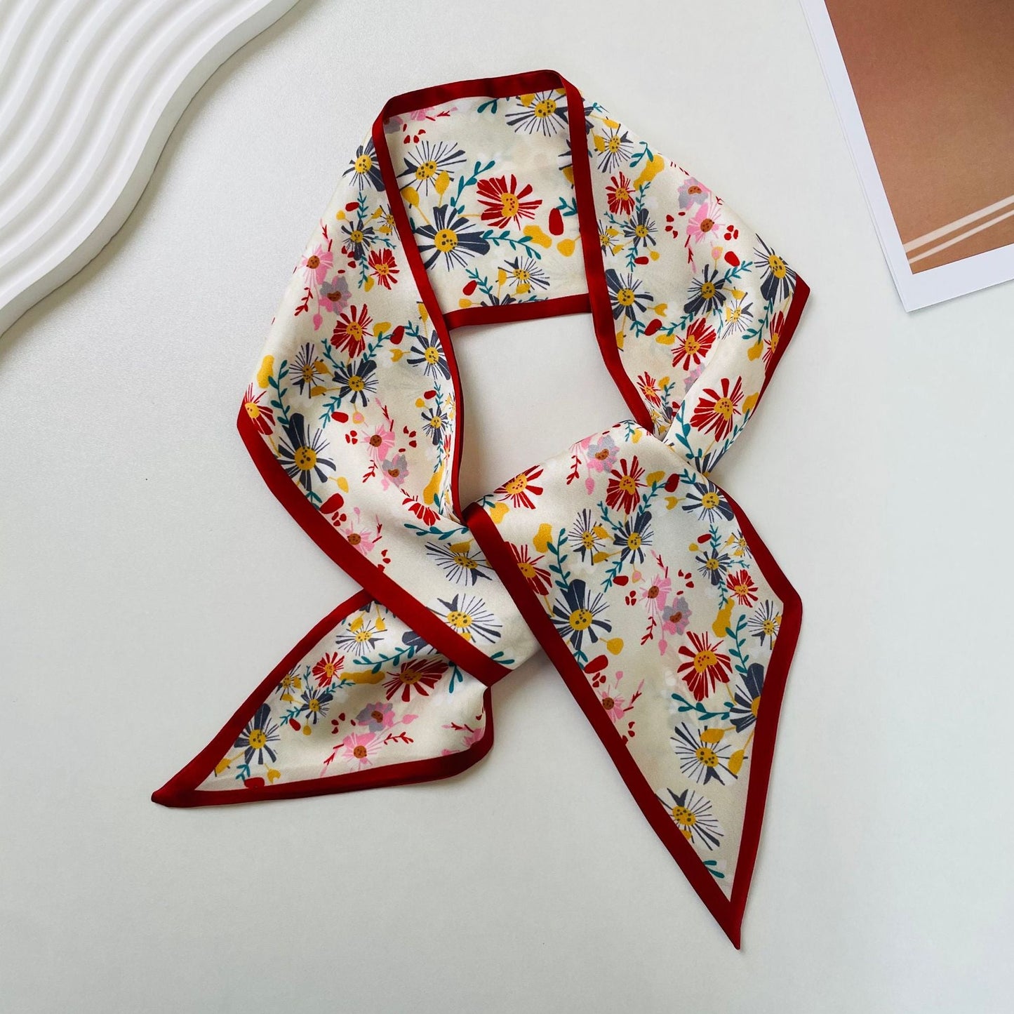 Print Narrow Long Satin Silk-Feel Scarf