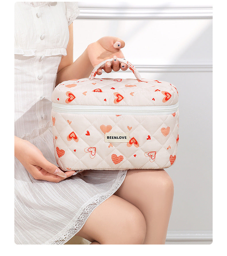 Cute Heart Print Cotton Quilted Cosmetic Bag