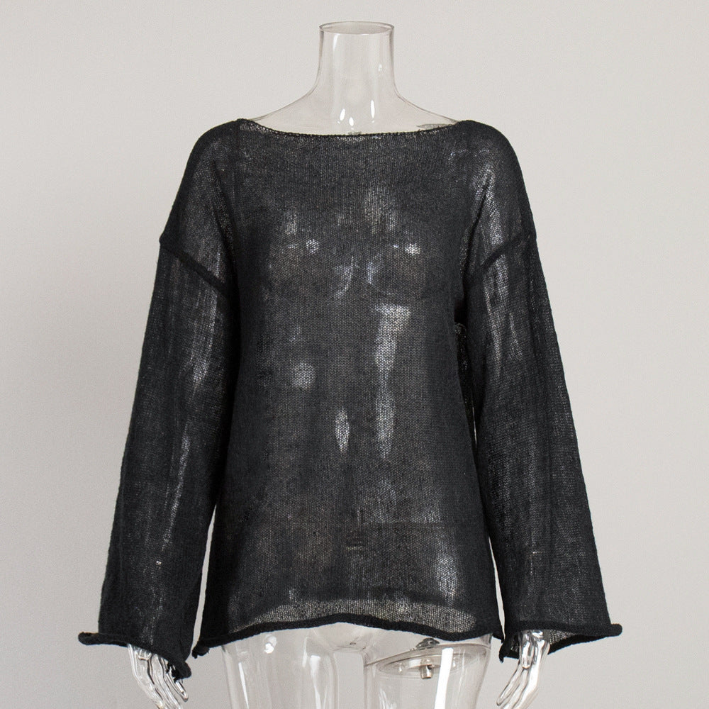Hollow Knit T-Shirt with Bell Sleeves for Women