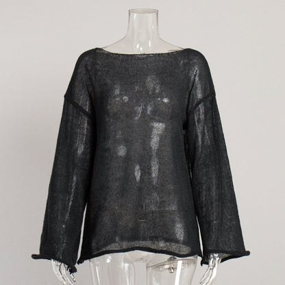 Hollow Knit T-Shirt with Bell Sleeves for Women