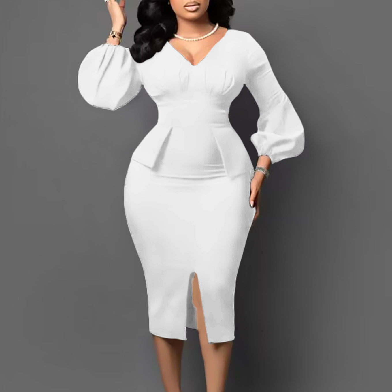 V-Neck Puff Sleeve High Waist Pencil Dress