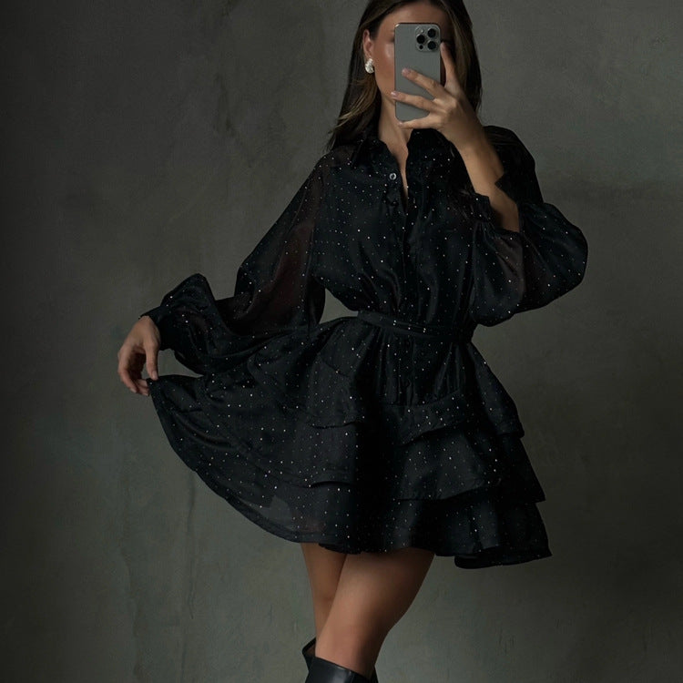 Stylish Black A-Line Dress with Rhinestones