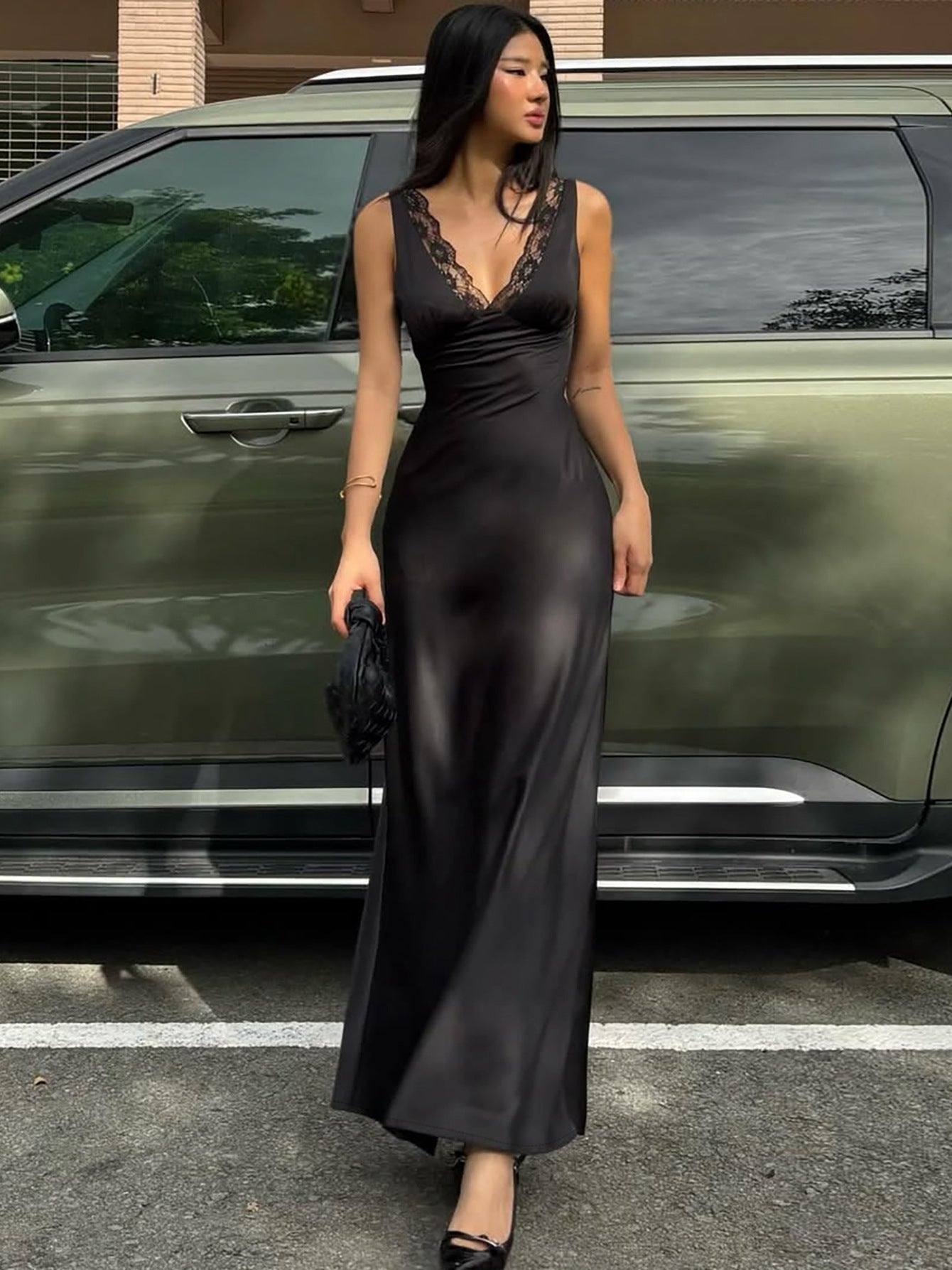 Deep V Lace Trim Bodycon Dress Black Elegant Style