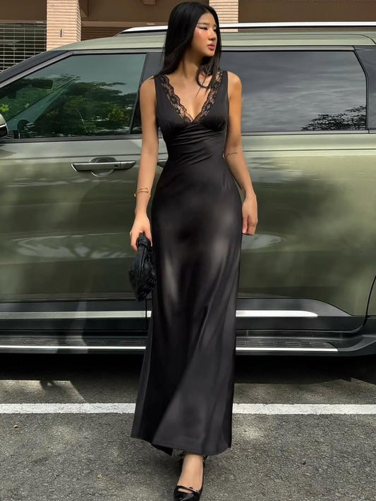 Deep V Lace Trim Bodycon Dress Black Elegant Style