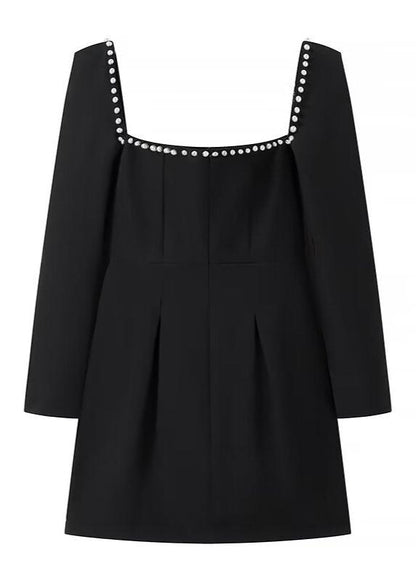 Square Neck Mini Dress With Pearl Trim