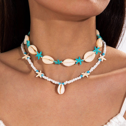Bohemian Shell Bead Necklace With Starfish And Palm Tree Accents