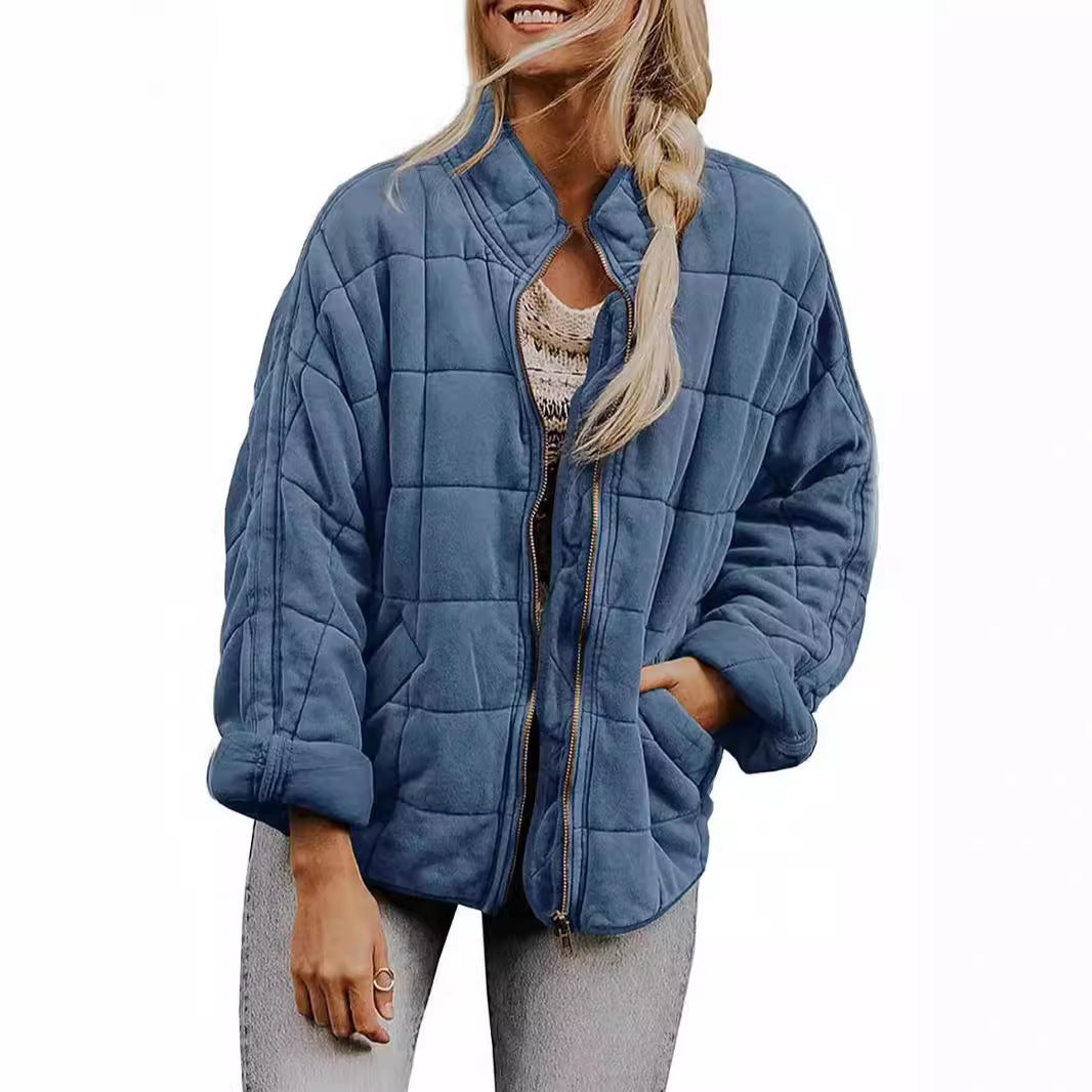Solid Color Stand Collar Cotton Coat With Pockets