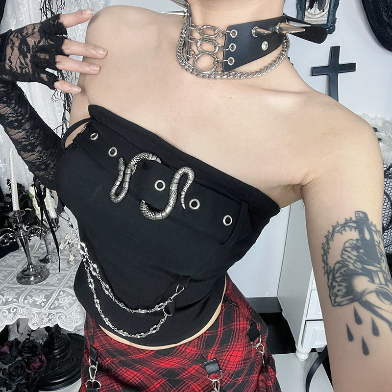 Black Fashion Snake Buckle Strapless Crop Top