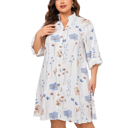 White Floral Print A-Line Dress Polyester Casual Dress