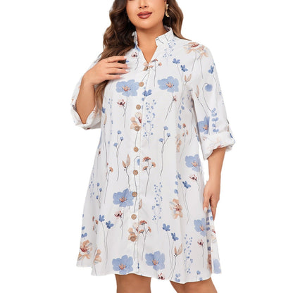 White Floral Print A-Line Dress Polyester Casual Dress