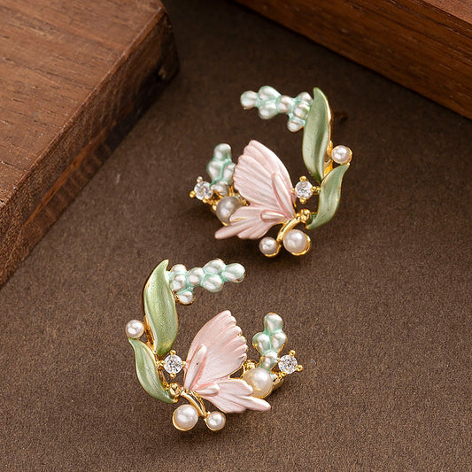 Sweet Floral Pearl Earrings Trendy 925 Silver Studs