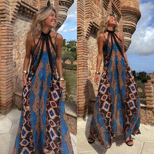 Summer New Positioning Printing Suspender Pendulum Dress
