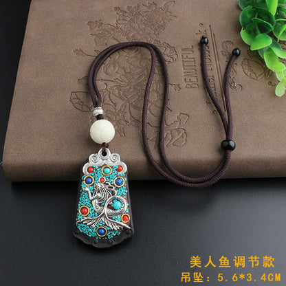 Vintage Ebony Nepal Pendant Fortune Transfer Necklace Long Versatile Ethnic Style Peace Card Pendant Necklace