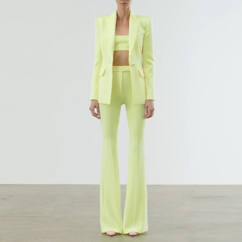 Fashionable Blazer And Flare Pant Set In Soft Yellow