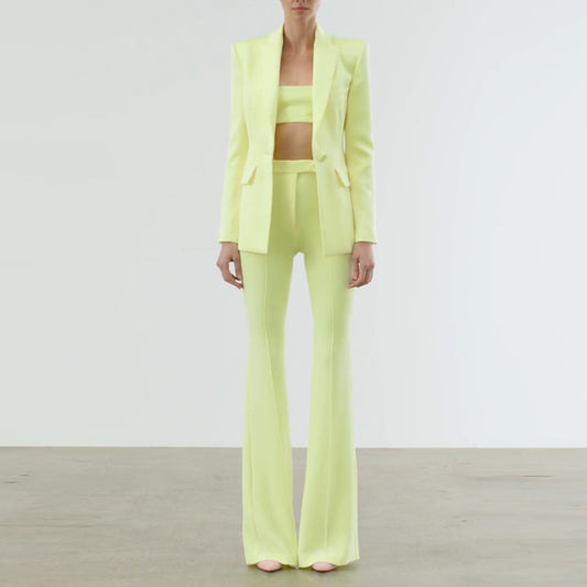Fashionable Blazer And Flare Pant Set In Soft Yellow