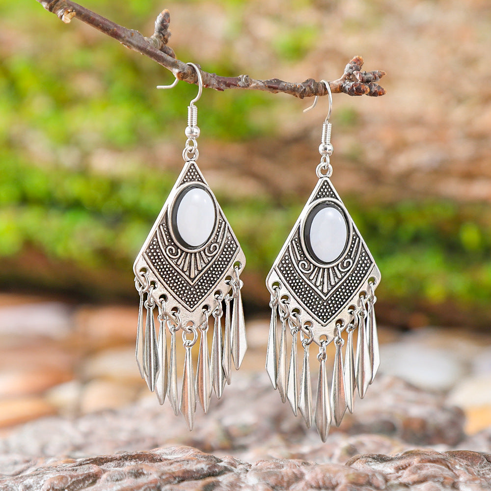 Diamond-Shaped Alloy Earrings with Turquoise Tassels for Women