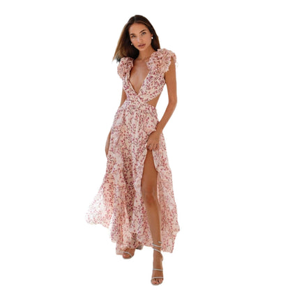 Floral Maxi Dress With Deep V Neck And Ruffle Hem