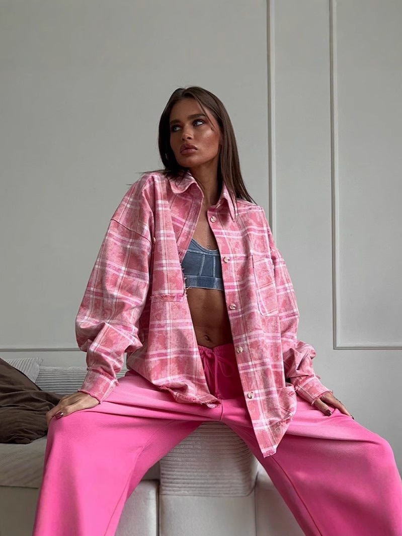 Plaid Loose-Fit Shirt Cotton Blend Casual Shirt