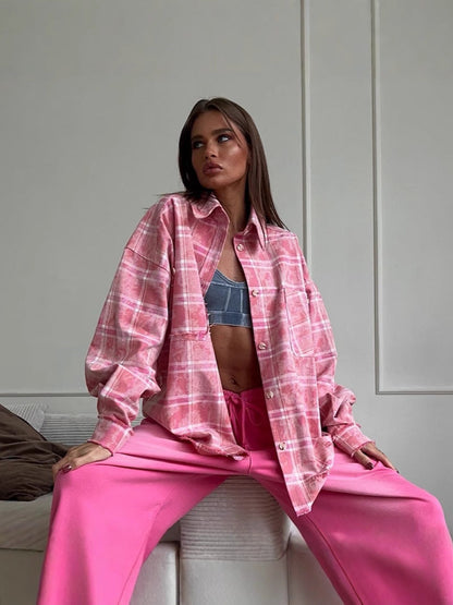 Plaid Loose-Fit Shirt Cotton Blend Casual Shirt
