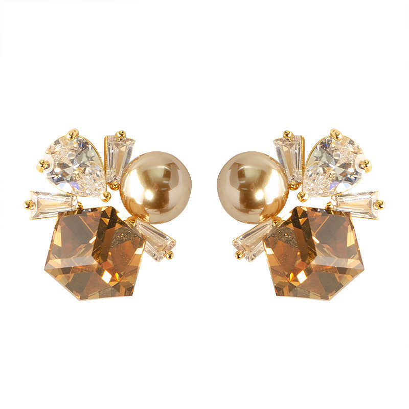 Elegant French Style Colorful Geometric Zircon Pearl Stud Earrings For Women