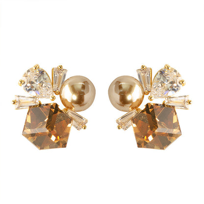 Elegant French Style Colorful Geometric Zircon Pearl Stud Earrings For Women