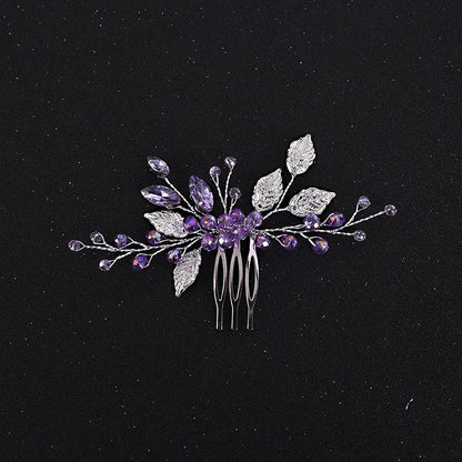 Purple Crystal Silver Alloy Leaf Hair Comb Wedding Bridal Hairpiece