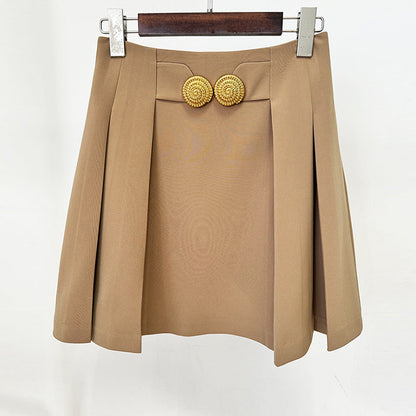 Pleated Mini Skirt With Metal Buckle Street Style