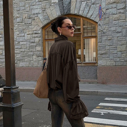 Bell Sleeve Lapel Satin Shirt For Women