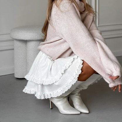 Sweet White High-Waisted Ruffled Skirt for Women