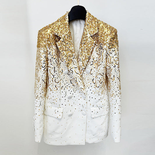 Double-Breasted Blazer Jacket with Sequins and Beading