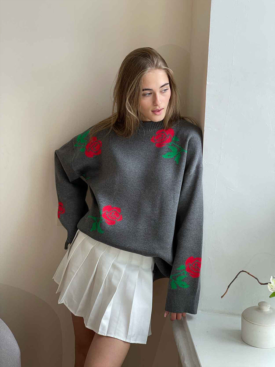 Colorful Rose Knit Sweater Casual Pullover