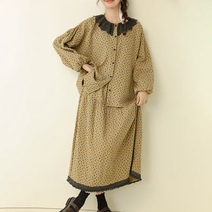 Artistic Vintage Floral Contrast Hem Skirt Casual Loose Set