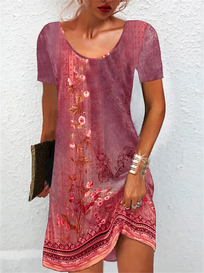 Hot Women'S Clothing Summer New Loose Round Neck Ethnic Style Printed Pullover Dress
