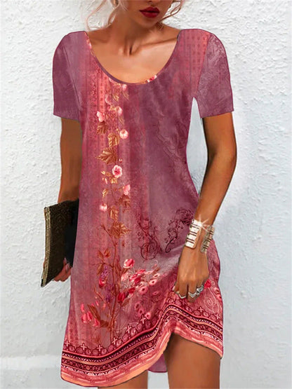 Hot Women'S Clothing Summer New Loose Round Neck Ethnic Style Printed Pullover Dress