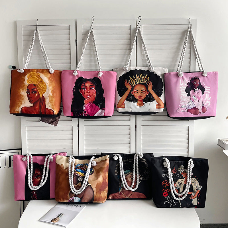 Classic Outdoor Canvas Tote Bag with Cartoon Print