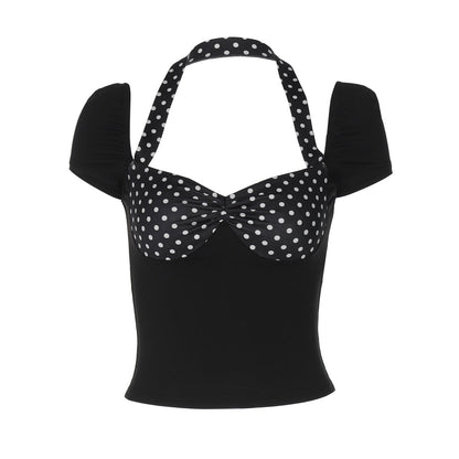 Backless Polka Dot Crossover Top Trendy Casual T-Shirt