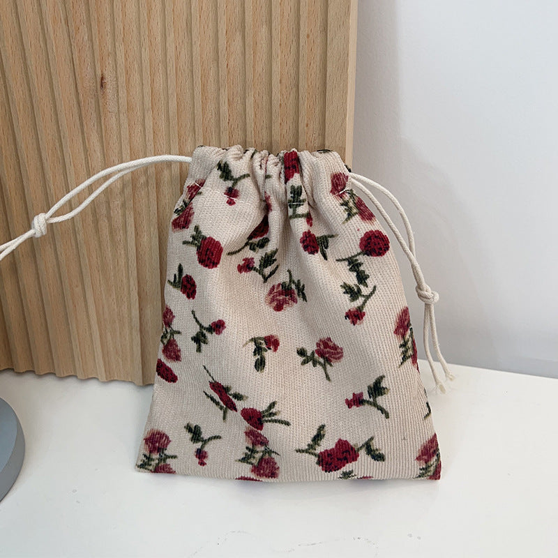 Mini Drawstring Corduroy Canvas Bag Portable Floral Storage Pouch