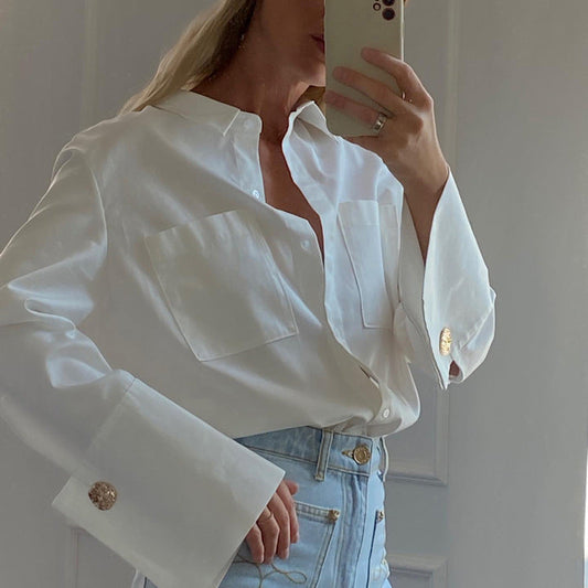 Chic White Long Sleeve Shirt with Double Pockets