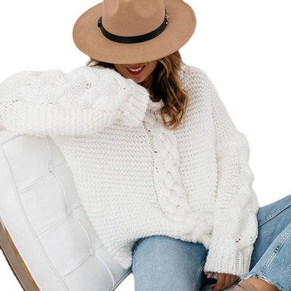 Autumn And Winter Popular Solid Pullover V-Neck Fried Dough Twists Loose Sweater Casual Knitwear Women