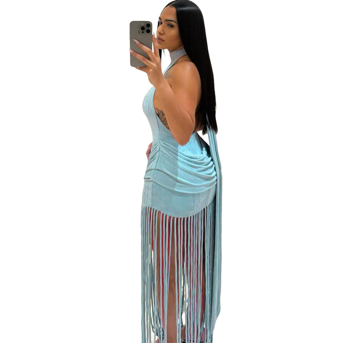 Sleeveless Backless Fringe Neck Halter Dress