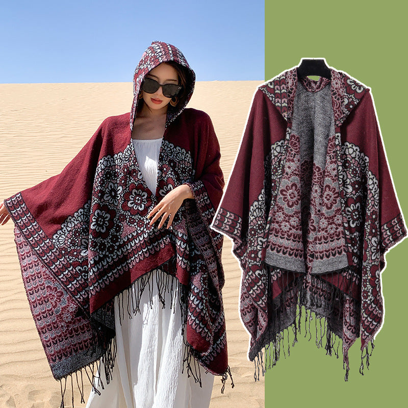 Ethnic Style New Split Shawl Women'S Cloak Scarf Thickened Warm Travel Coat Cloak